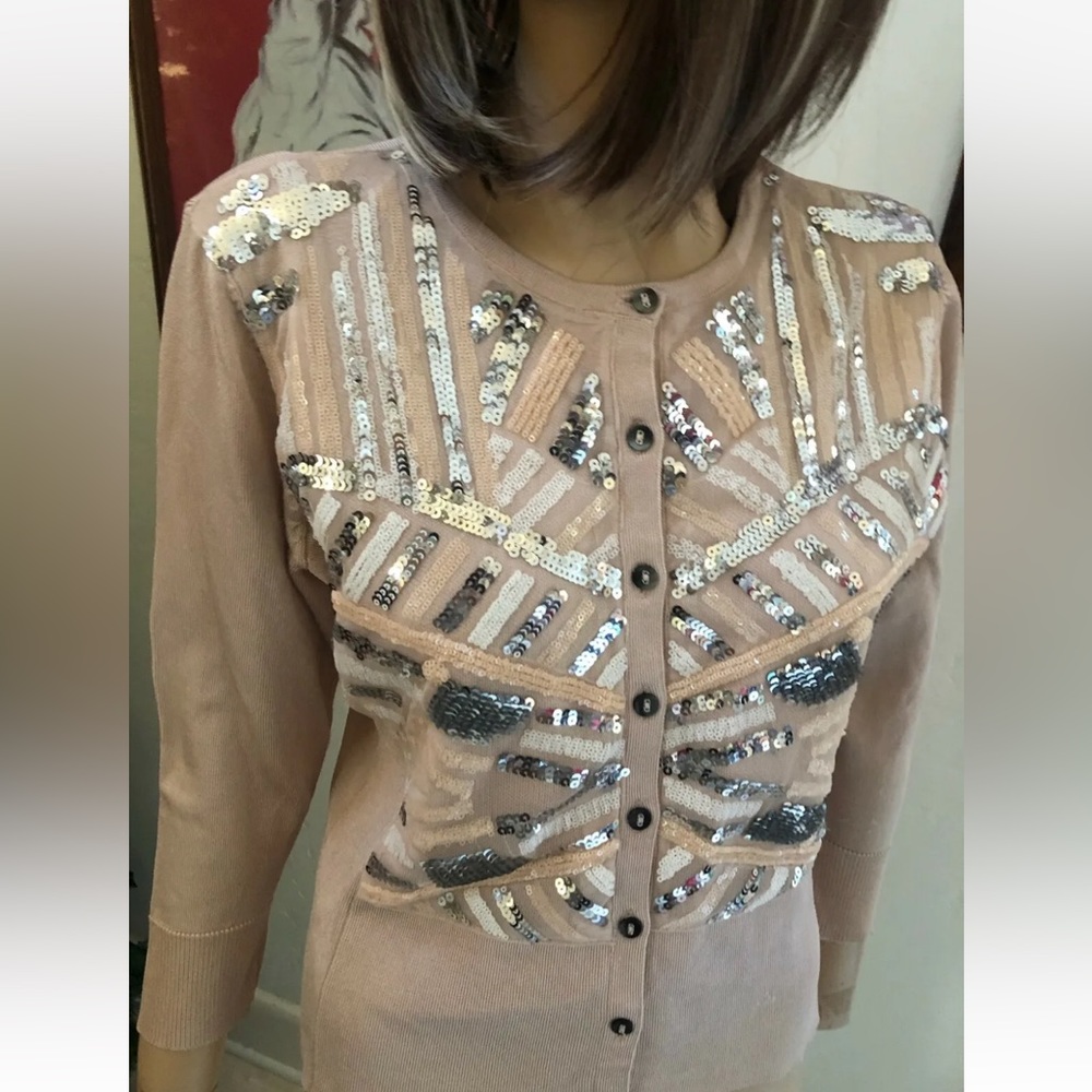 Cache Cream w/ Silver Sequin 3/4 Sleeve Knit Cardigan Sweater - Picture 3 of 13